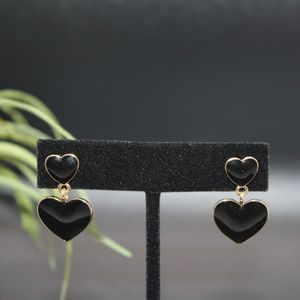 Black Heart Drop Earrings With Gold Trim
